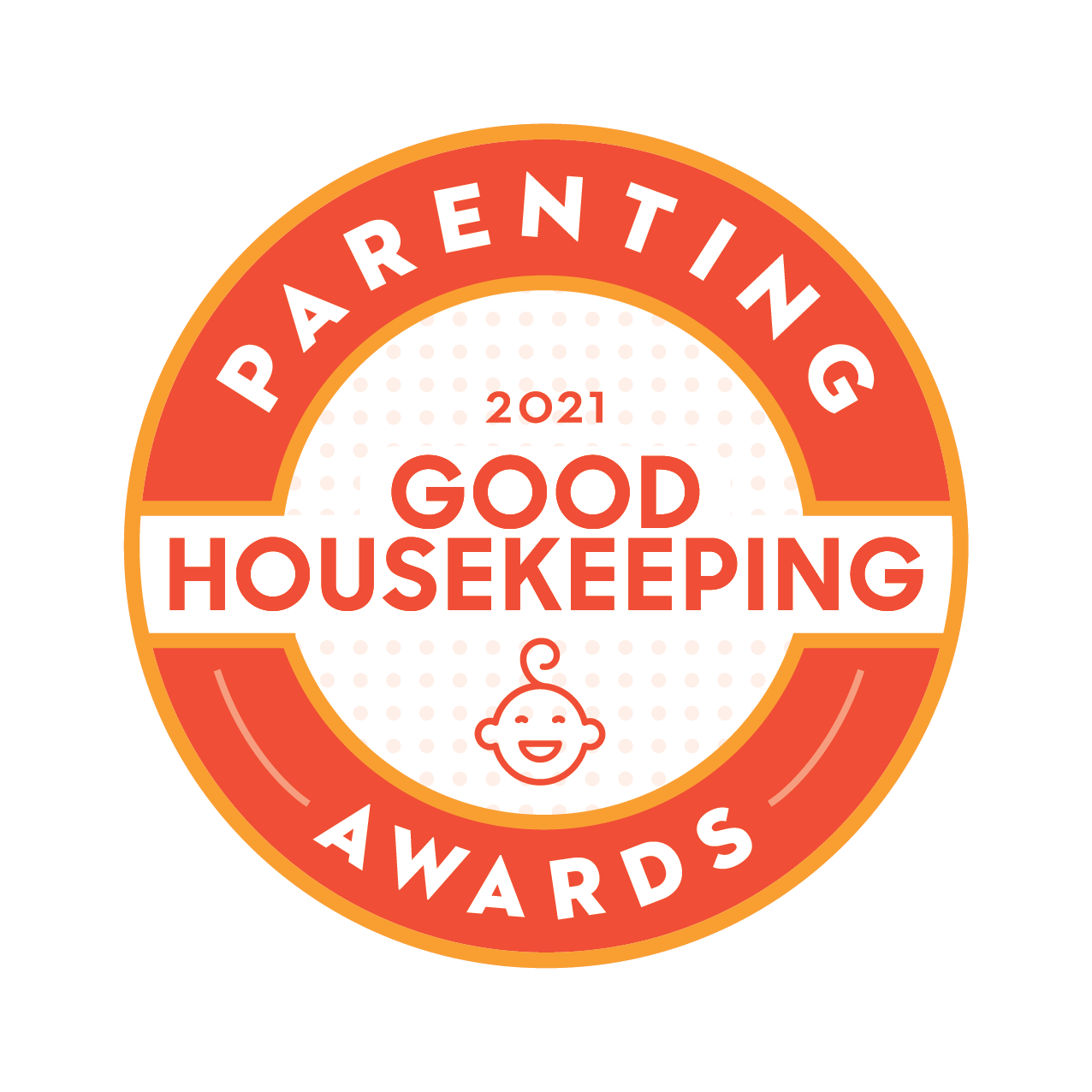 A circular red and orange badge with the text “Parenting Awards 2021 Good Housekeeping” and a simple smiling baby face icon in the center.